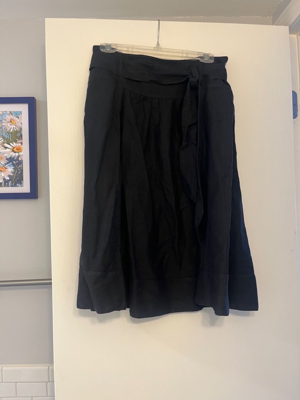 Larry Levine Black Linen Blend A Line Knee Length Skirt with waist Belt Size 10